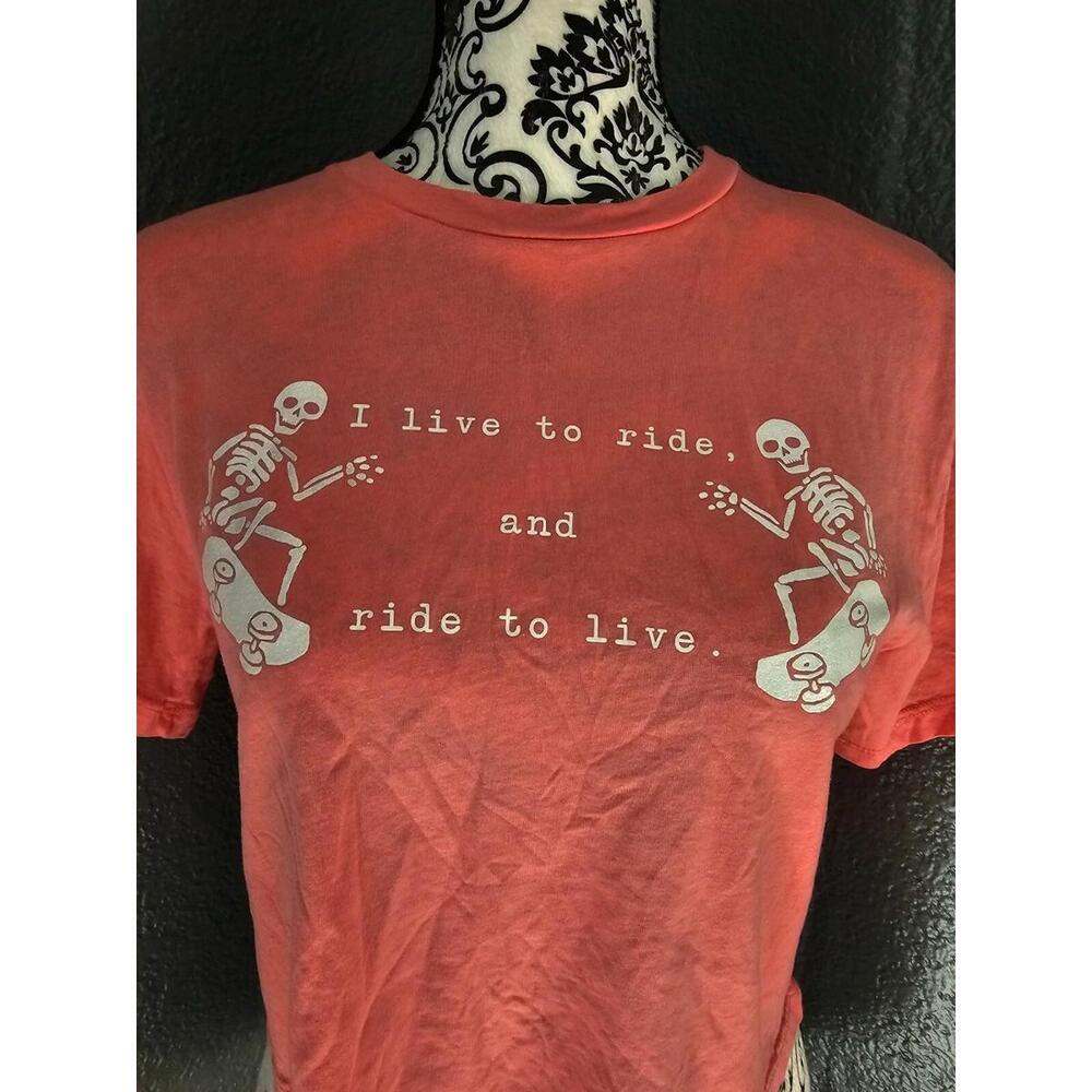 Women's Riot Queen Crop Top Pink Size Small Skeletons Skateboarding Live To Ride - Picture 6 of 14